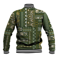 Green patchwork-pattern baseball jacket back with striped ribbed collar, cuffs, and hem