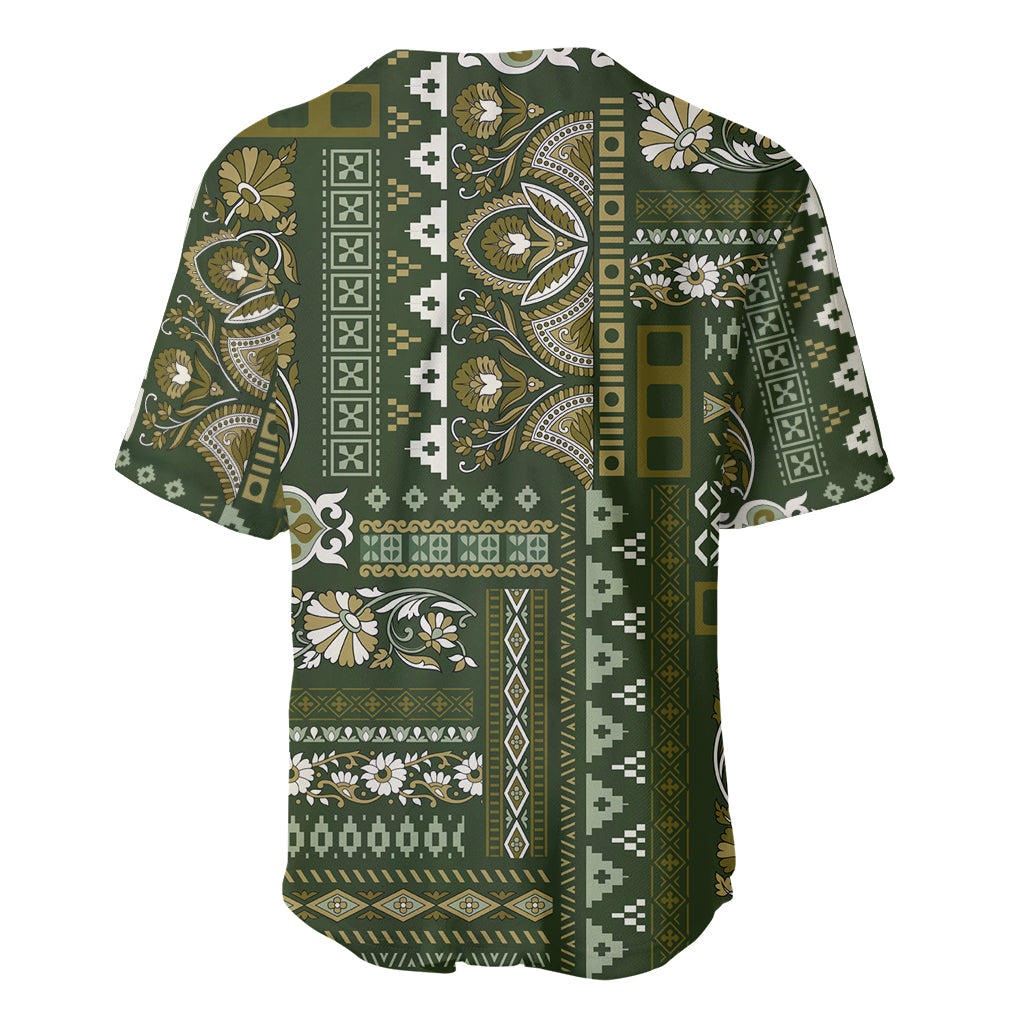 Green patchwork-pattern baseball jersey with collar and button-front placket