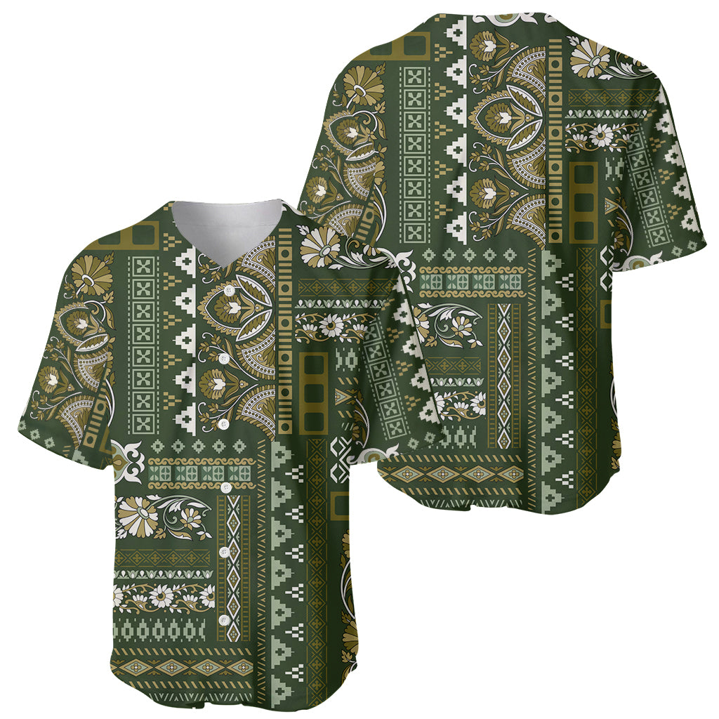 Pair of green patchwork-pattern baseball jerseys, short sleeves, button-front