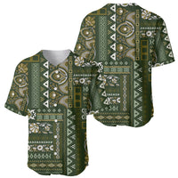 Pair of green patchwork-pattern baseball jerseys, short sleeves, button-front