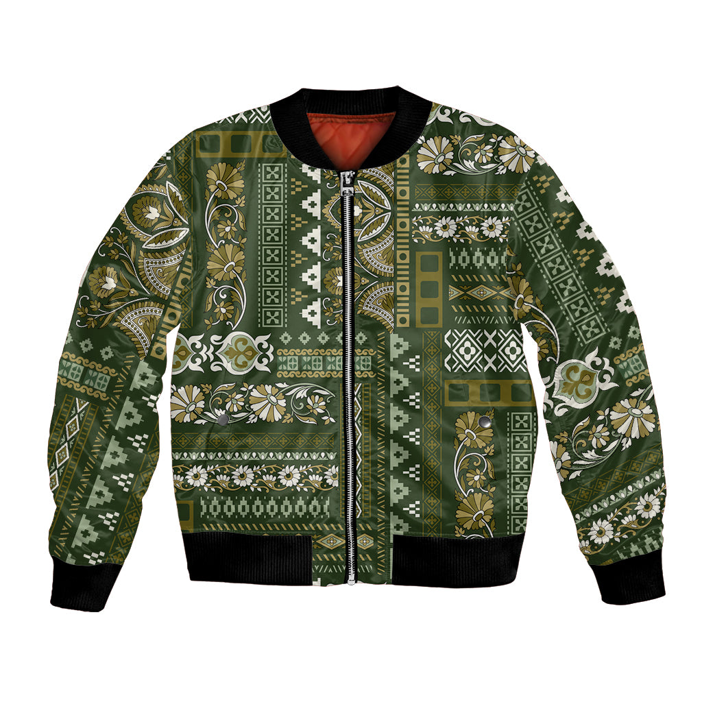 Green patchwork-pattern bomber jacket with zip front and ribbed cuffs; red inner collar