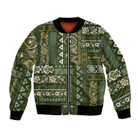 Green patchwork-pattern bomber jacket with zip front and ribbed cuffs; red inner collar