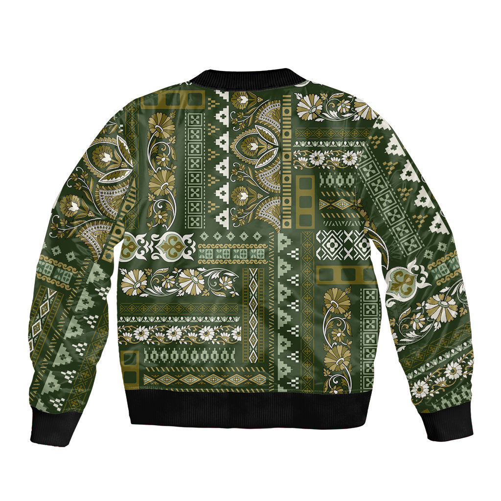 Green patchwork-pattern bomber jacket with zip front, ribbed hem and cuffs, Persian motifs