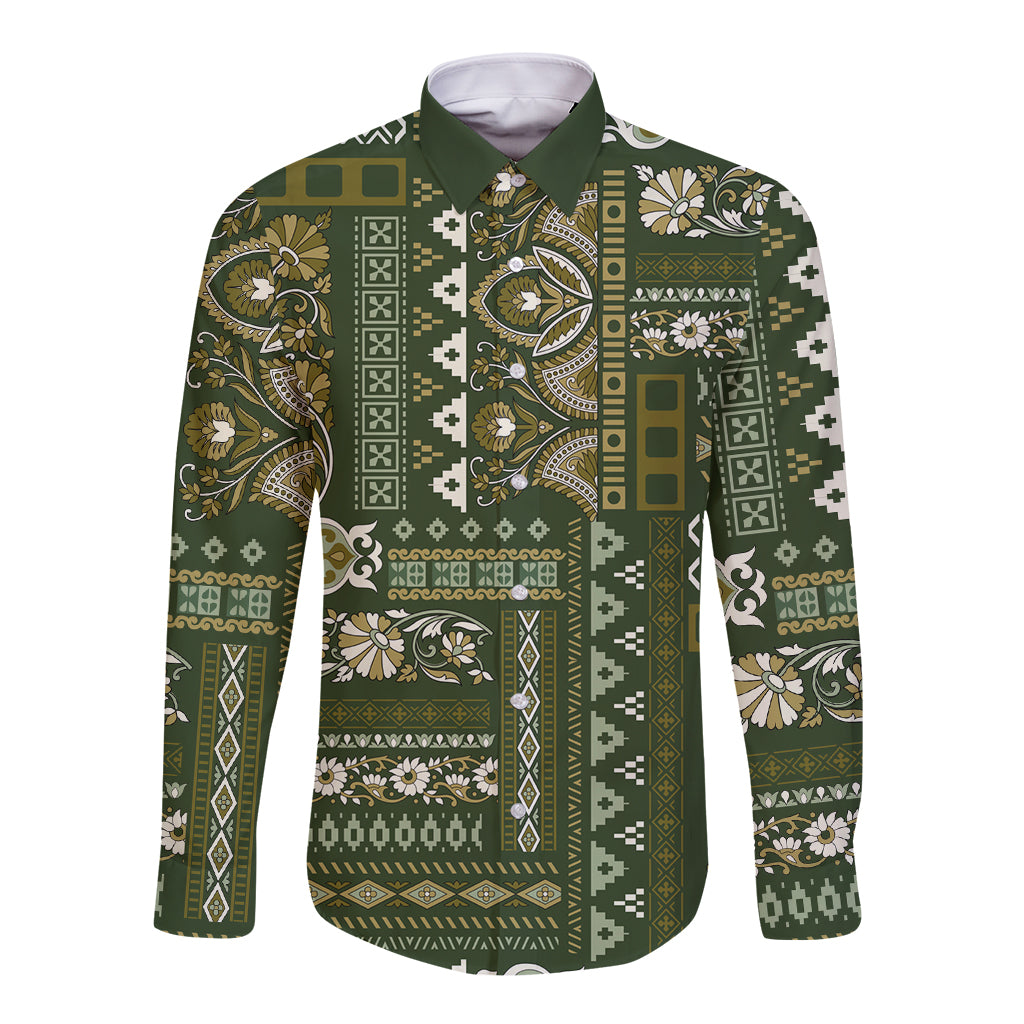 Green long-sleeve button shirt with patchwork Persian-style pattern