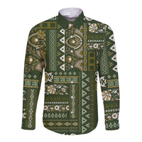 Green long-sleeve button shirt with patchwork Persian-style pattern