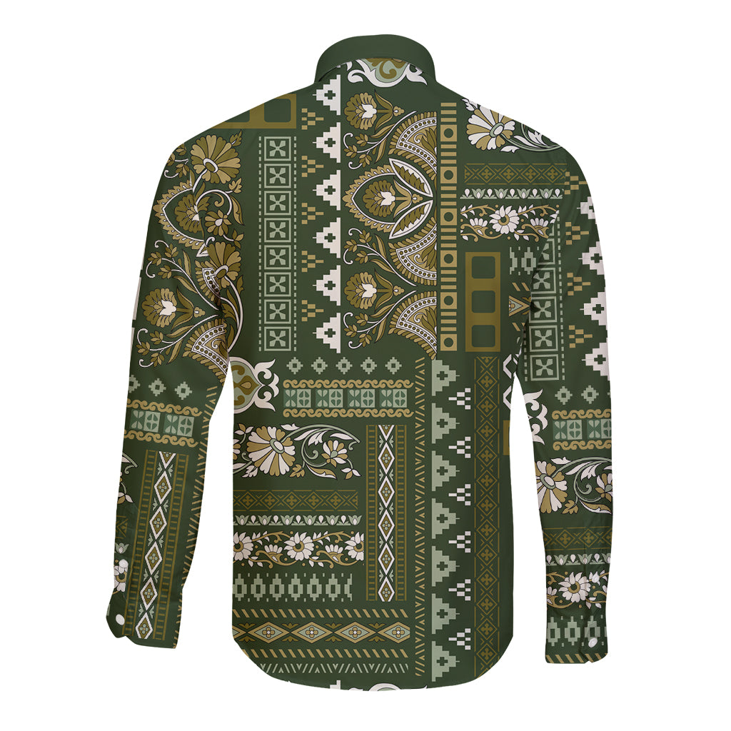 Green long-sleeve button shirt, back view, patchwork Persian-style pattern