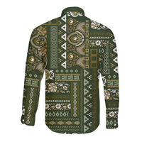 Green long-sleeve button shirt, back view, patchwork Persian-style pattern