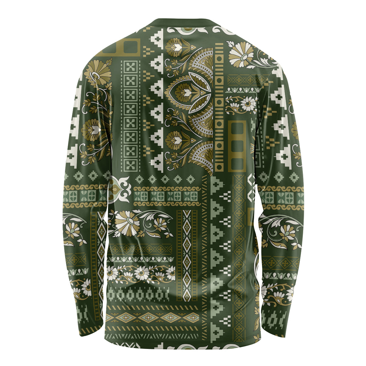 Green long-sleeve crewneck shirt with Persian patchwork pattern, back view