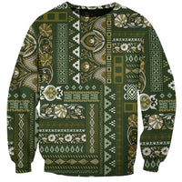 Green crewneck sweatshirt with long sleeves and Persian patchwork pattern
