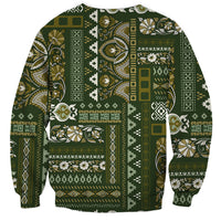 Green crewneck sweatshirt with long sleeves, full front Persian patchwork pattern