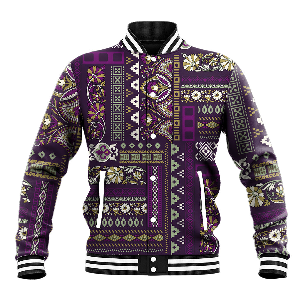 Purple patchwork-pattern baseball jacket with striped ribbed collar and cuffs, snap front