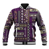 Purple patchwork-pattern baseball jacket with striped ribbed collar and cuffs, snap front
