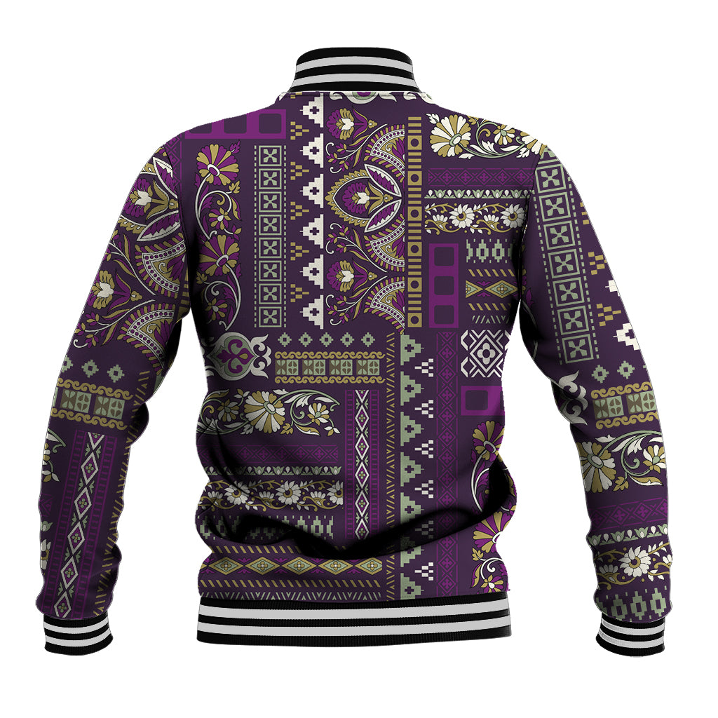 Purple patchwork-pattern baseball jacket, ribbed hem and striped collar cuffs