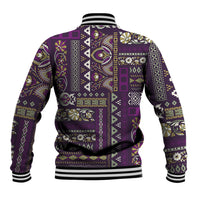 Purple patchwork-pattern baseball jacket, ribbed hem and striped collar cuffs