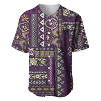 Purple baseball jersey with patchwork paisley pattern, short sleeves, button placket