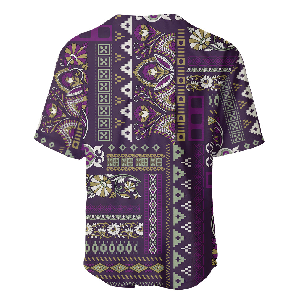 Purple baseball jersey, patchwork folk pattern, camp collar, short sleeves