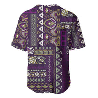 Purple baseball jersey, patchwork folk pattern, camp collar, short sleeves
