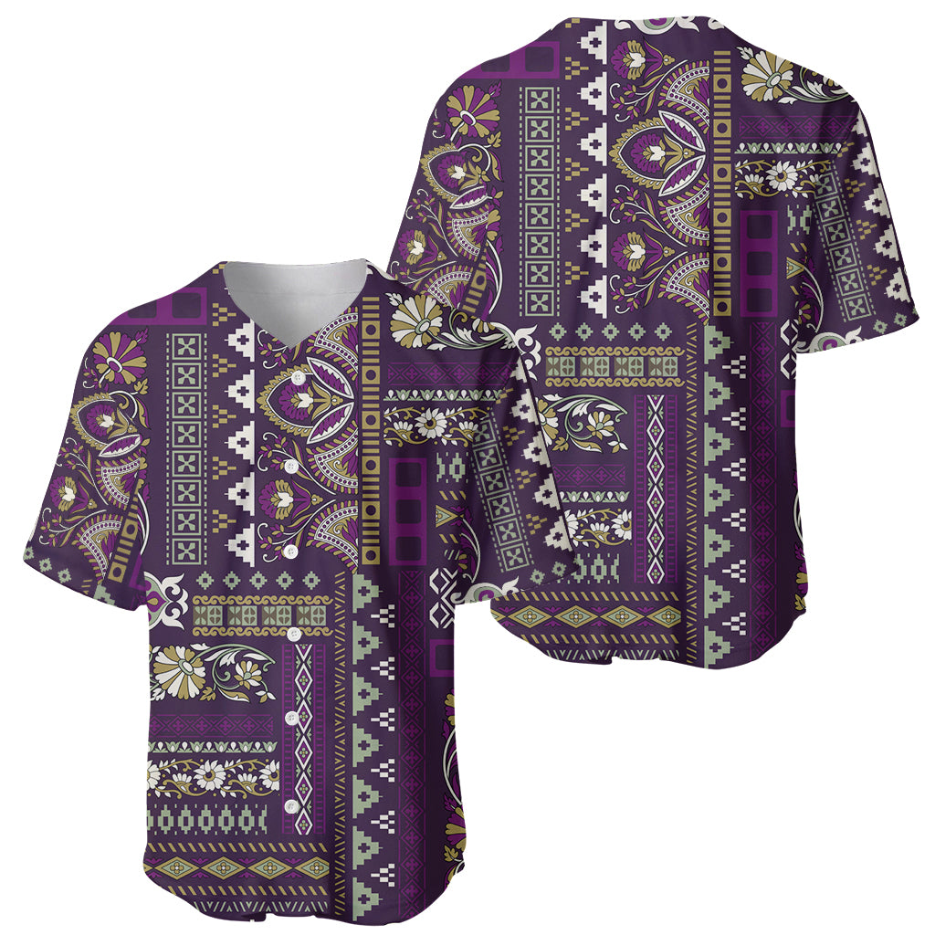 Purple baseball jersey with patchwork pattern, curved hem, short sleeves