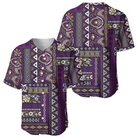 Purple baseball jersey with patchwork pattern, curved hem, short sleeves
