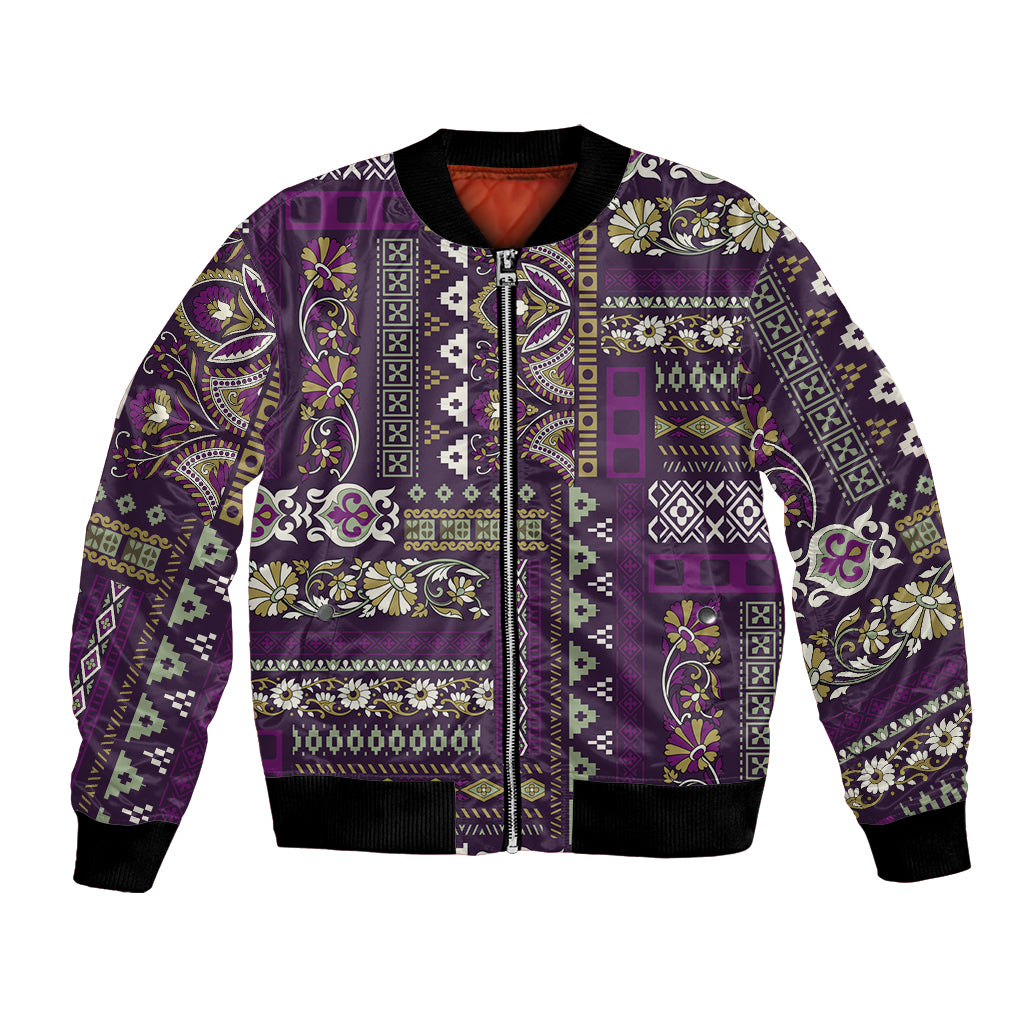 Purple patchwork pattern bomber jacket with full zipper and ribbed cuffs