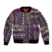 Purple patchwork pattern bomber jacket with full zipper and ribbed cuffs
