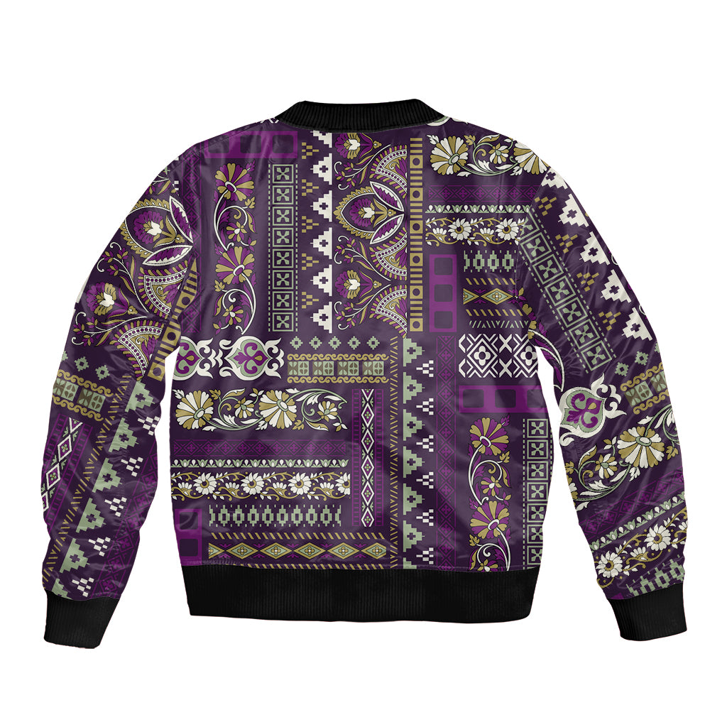 Purple patchwork bomber jacket with ribbed hem and cuffs, back view