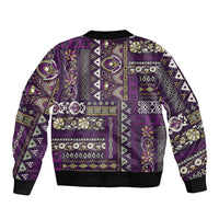 Purple patchwork bomber jacket with ribbed hem and cuffs, back view