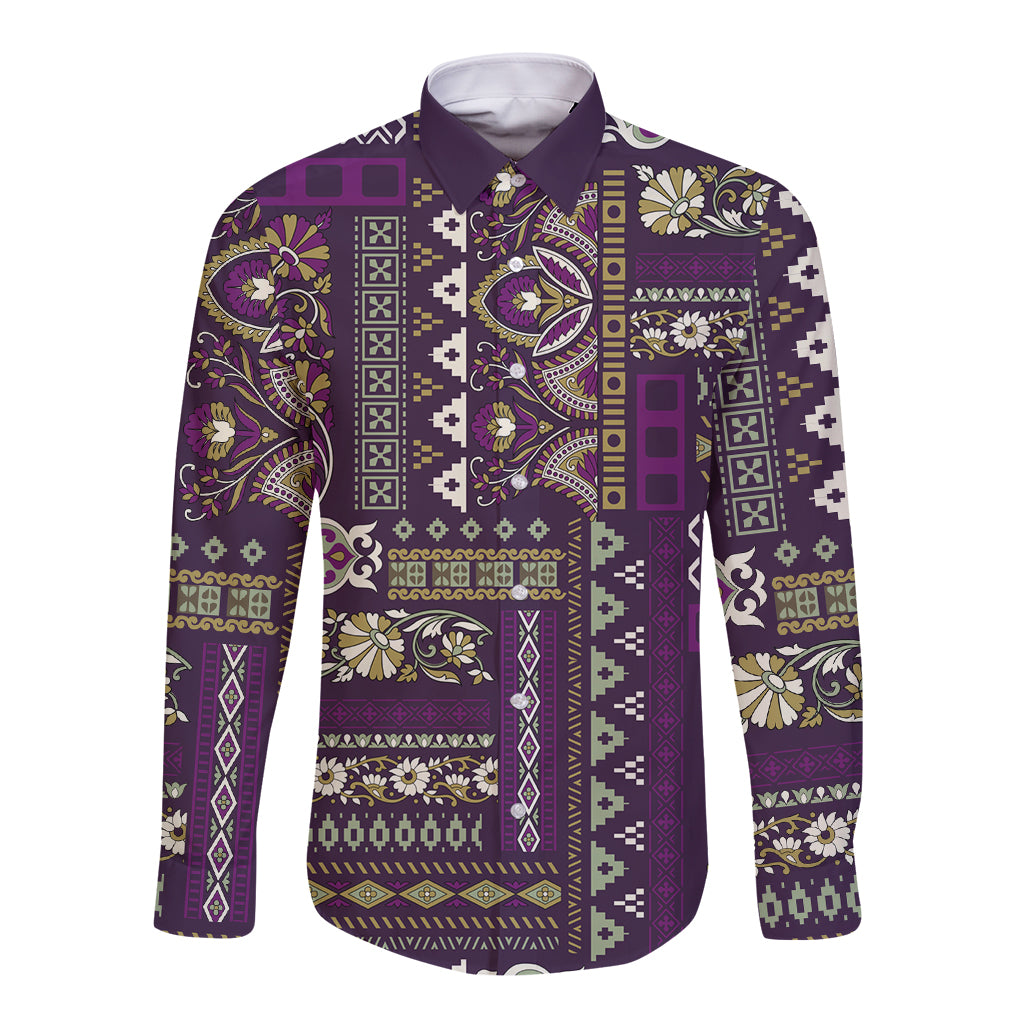 Purple long-sleeve button shirt with patchwork paisley and stripe pattern