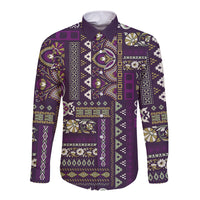 Purple long-sleeve button shirt with patchwork paisley and stripe pattern