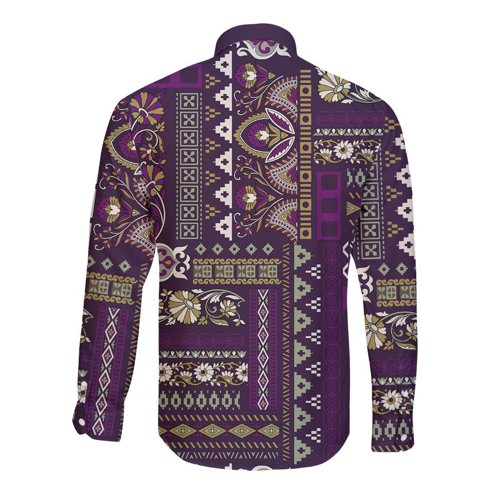 Purple long-sleeve button shirt, back view, patchwork paisley and stripe pattern