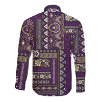 Purple long-sleeve button shirt, back view, patchwork paisley and stripe pattern