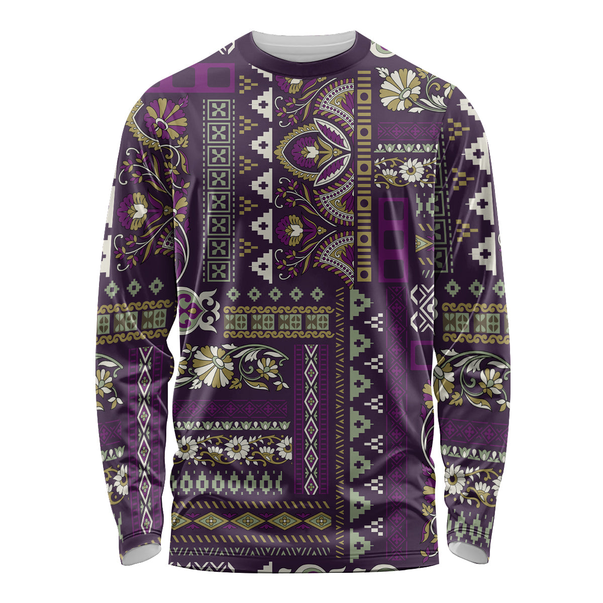 Unisex long-sleeve crewneck shirt with purple patchwork print
