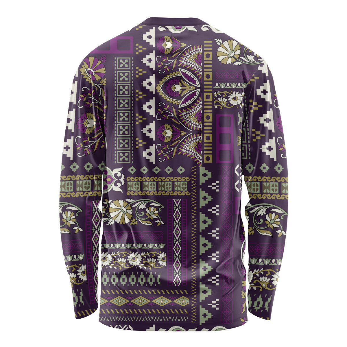 Unisex long-sleeve crewneck shirt with purple patchwork back print