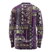 Unisex long-sleeve crewneck shirt with purple patchwork back print