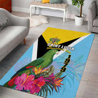 Sky blue area rug with yellow corner and white stripe, green bird, tropical blooms