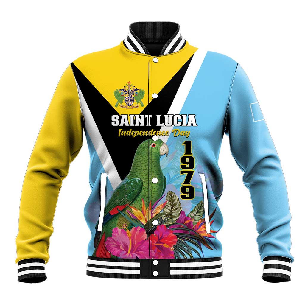 Unisex baseball jacket in sky blue and yellow, black-and-white chevron, parrot graphic.