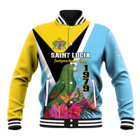 Unisex baseball jacket in sky blue and yellow, black-and-white chevron, parrot graphic.