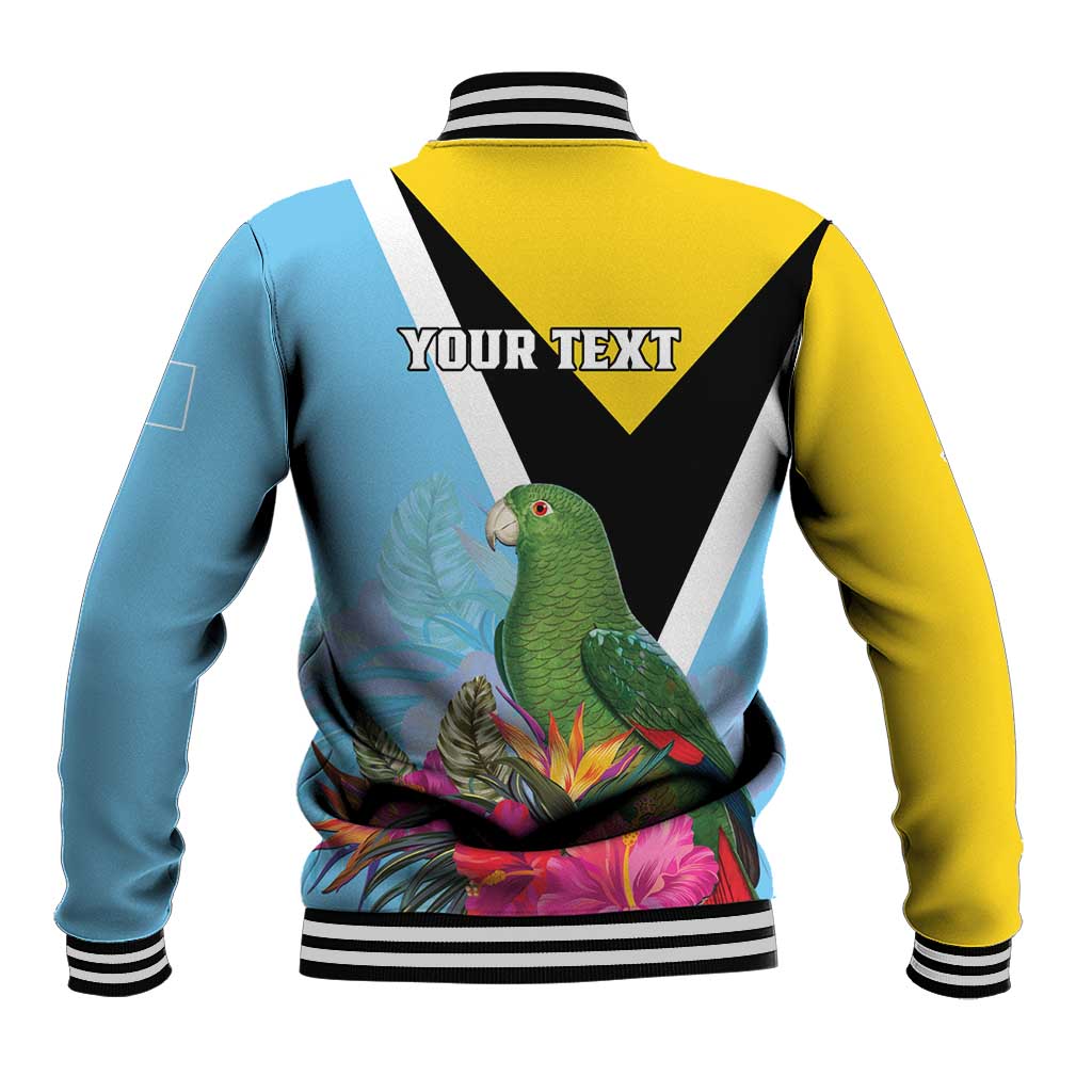 Unisex baseball jacket with sky blue and yellow back, black chevron, parrot and flowers.