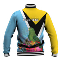 Unisex baseball jacket with sky blue and yellow back, black chevron, parrot and flowers.