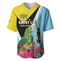 Saint Lucia Independence Day baseball jersey, yellow and sky blue, parrot & tropical flowers