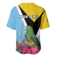 Baseball jersey back with 'YOUR TEXT', parrot and tropical leaves, yellow and sky blue