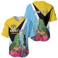 Pair of baseball jerseys: Saint Lucia front and matching back, parrot and tropical flowers
