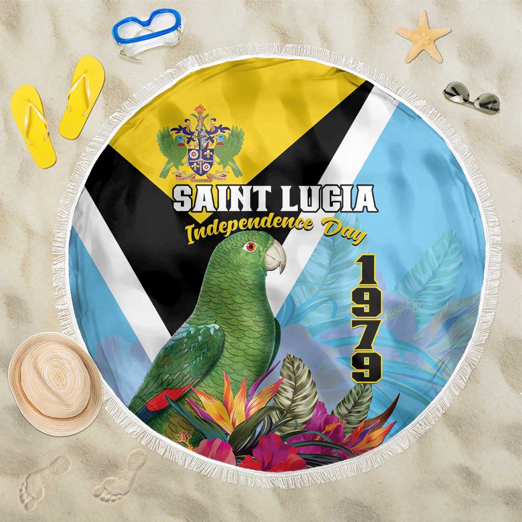 Round beach blanket with fringe, sky blue and yellow tropical parrot graphic