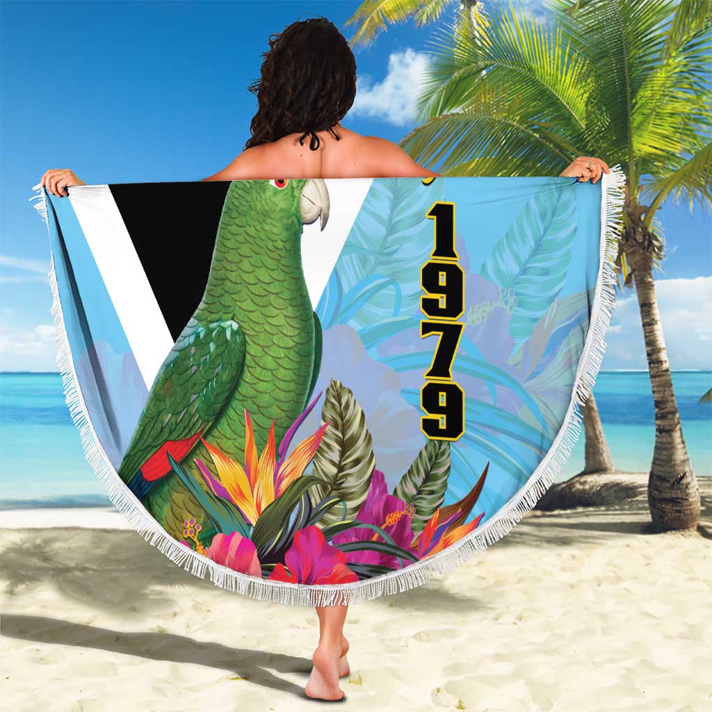 Round beach blanket with fringe, Saint Lucia Independence Day parrot artwork in blue