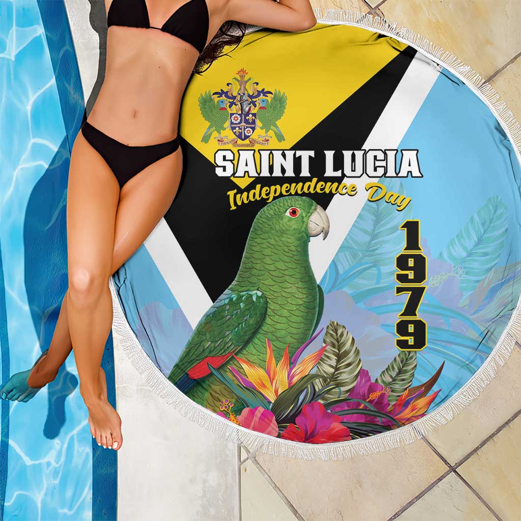 Round beach blanket with fringe, sky blue design with parrot and tropical flowers