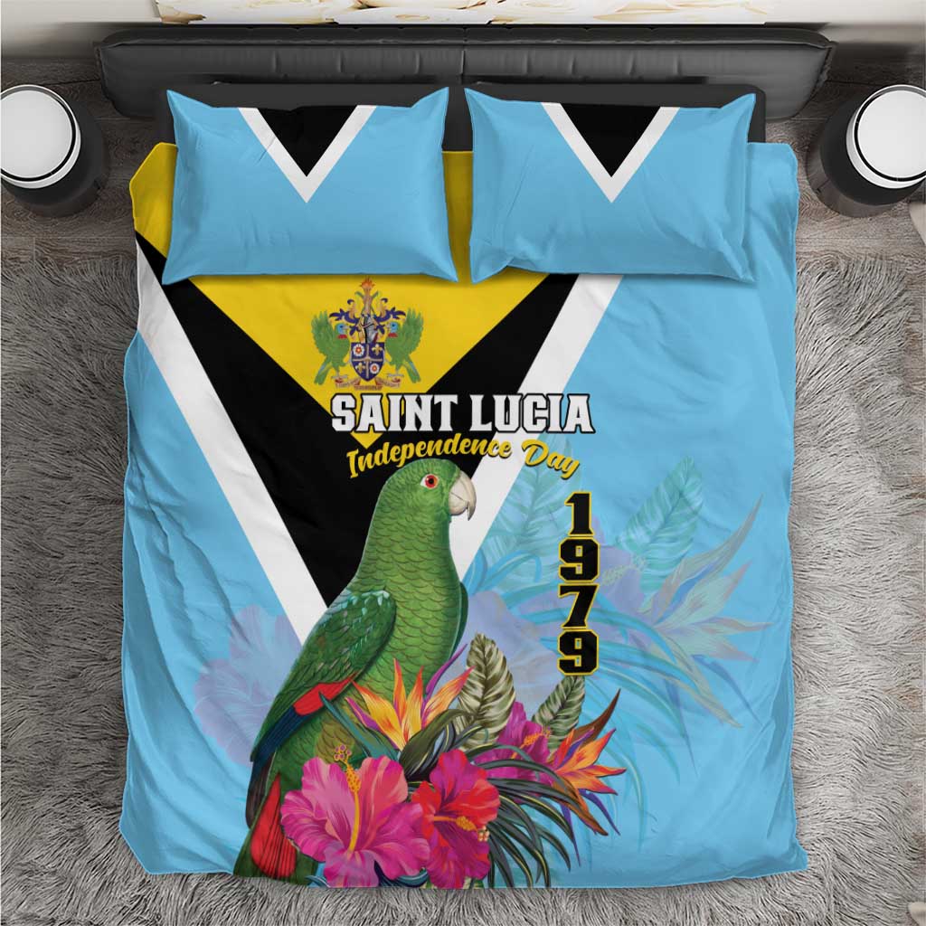 Sky blue bedding set with parrot, tropical flowers, yellow crest, and black-and-white stripes