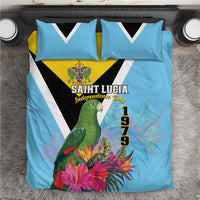 Sky blue bedding set with parrot, tropical flowers, yellow crest, and black-and-white stripes