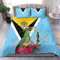 Sky blue duvet set with two pillowcases featuring parrot, flowers, yellow crest, and bold stripes