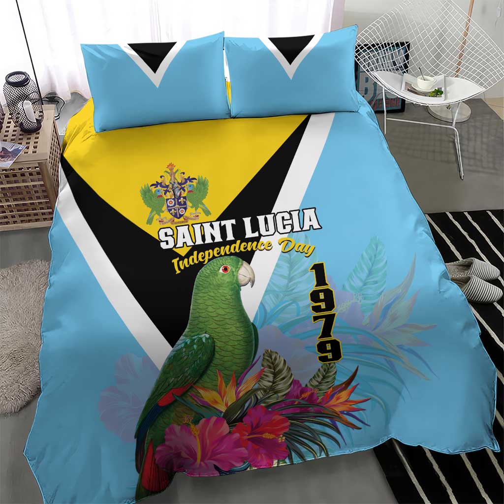 Sky blue duvet cover with parrot and tropical flowers, yellow emblem, and black-and-white triangles