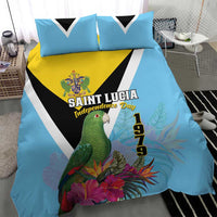 Sky blue duvet cover with parrot and tropical flowers, yellow emblem, and black-and-white triangles